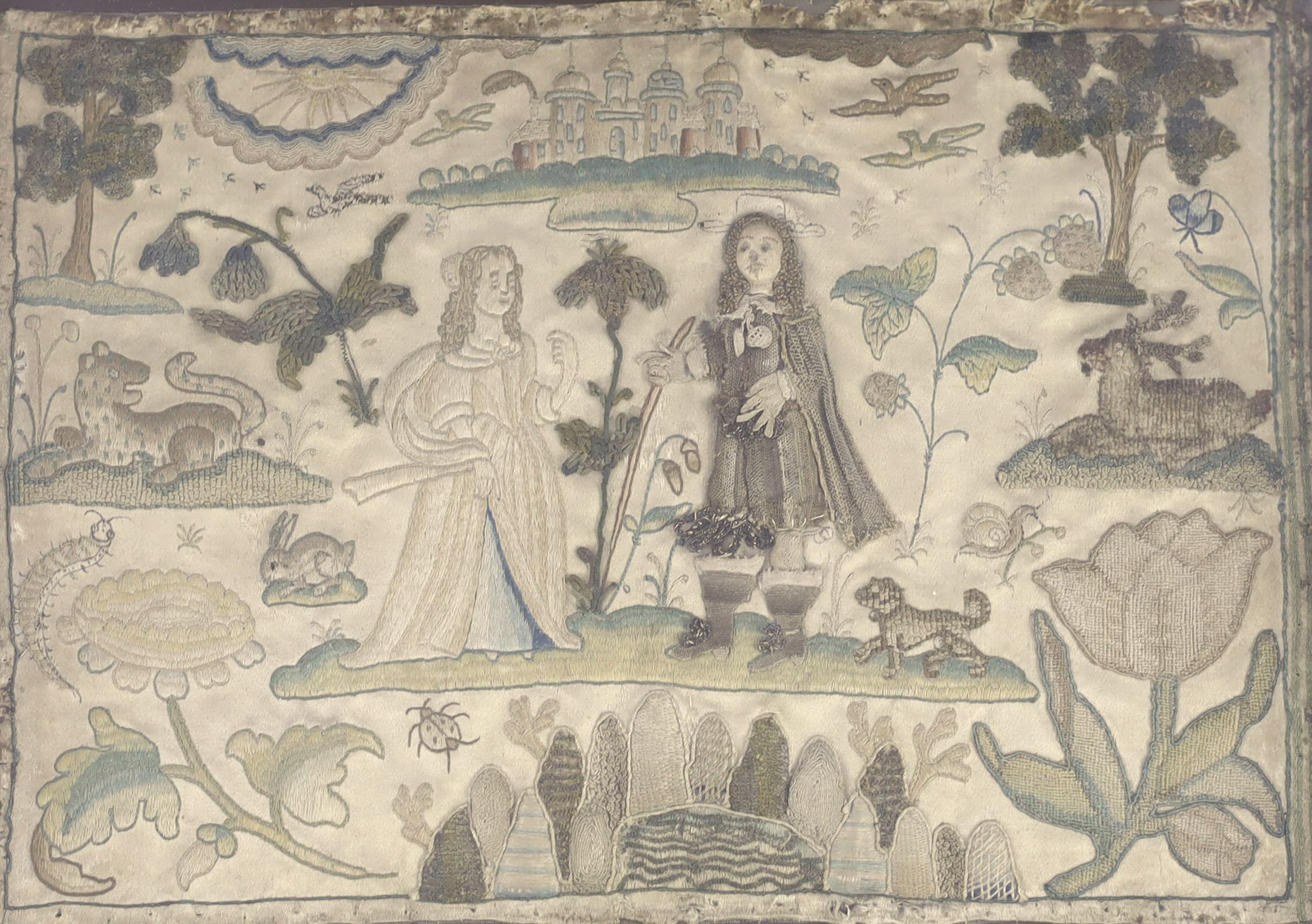 A 17th century English stumpwork panel, 20 x 28cm